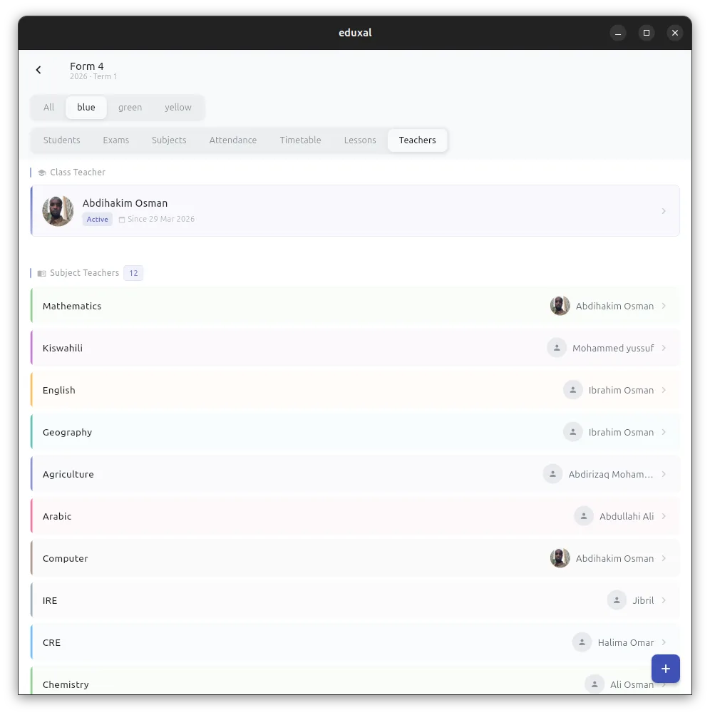 Class view showing subject teachers and department assignments