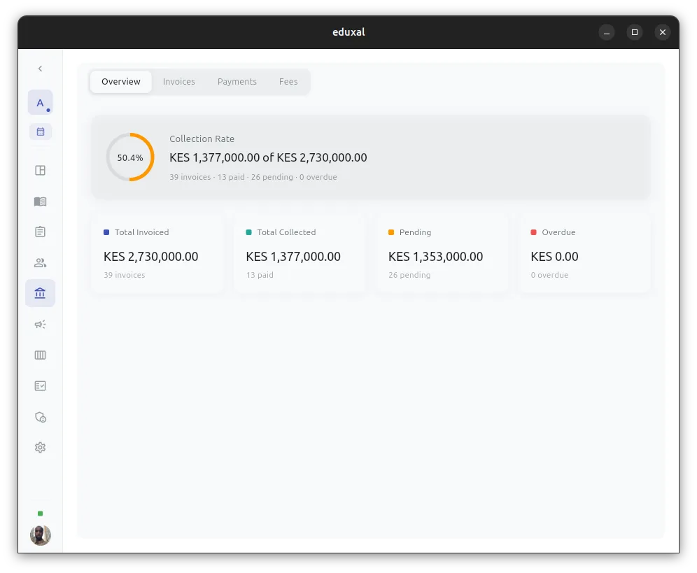 EduXal finance dashboard showing fee collection rates