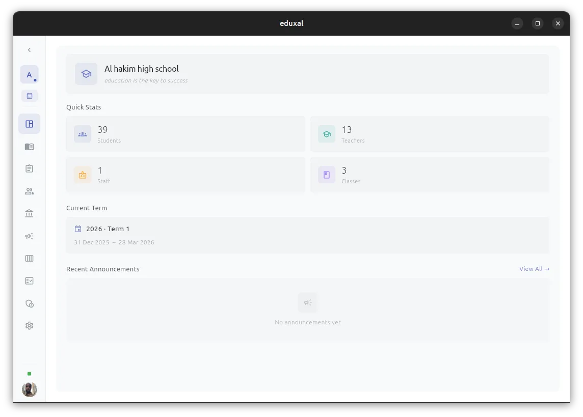 Owner dashboard showing school overview with student and teacher counts