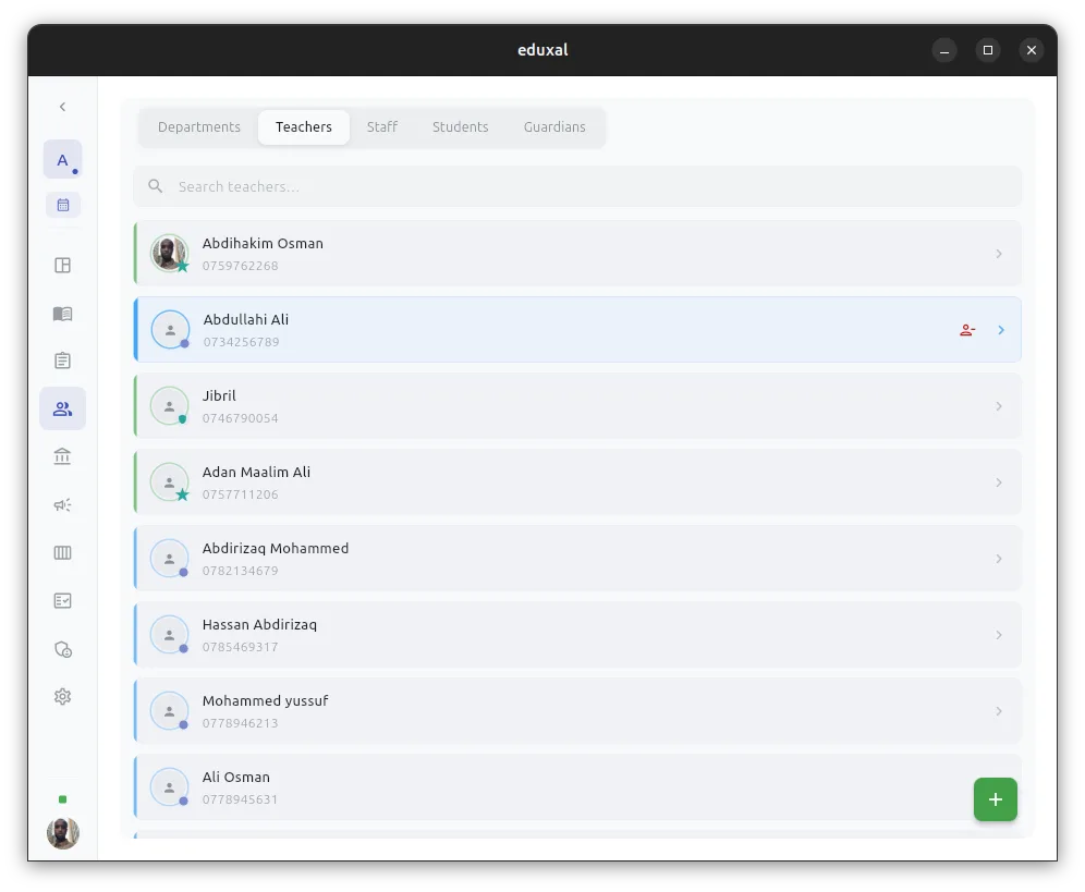 Teachers list showing the school team with contact details and role assignments