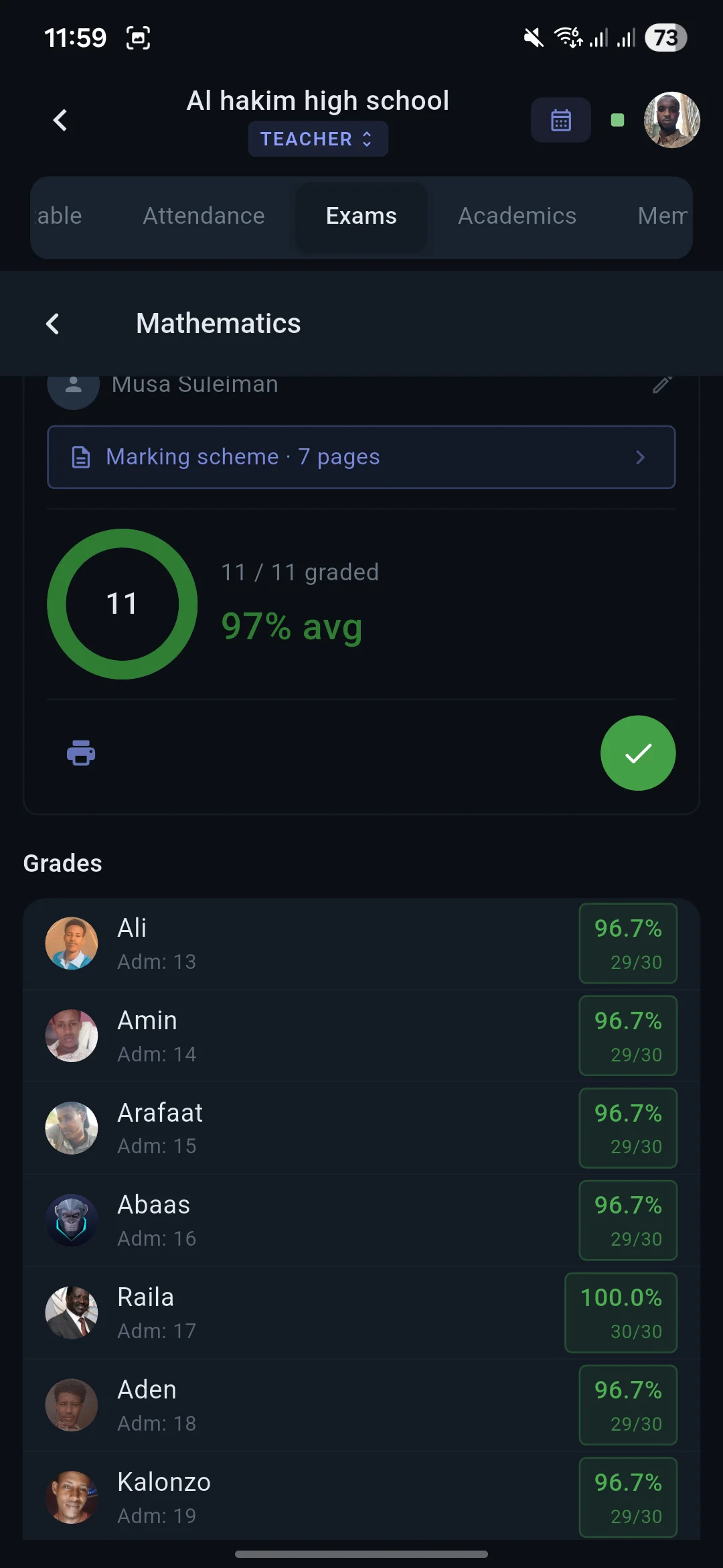 AI-graded exam results showing individual student scores